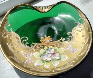 PLATO BARATIJA VIDRIO ARTE MURANO/BOHEMIO VERDE ORO 24KT - Imagen 1 de 6