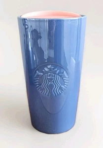 Starbucks Iridescent Pearl Blue Ceramic 12oz Tumbler Mug W/ Coral Pink Lid - NEW - Picture 1 of 8