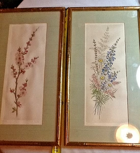 STAMPE BOTANICHE (COPPIA) CORNICE STILE BAMBÙ (TONO ORO) FIRMATA 16,9X9 030924C - Foto 1 di 12