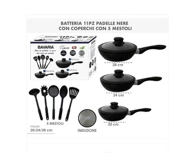 Set 3 Padelle Alte Nere Bavaria In Pietra Lavica Con Coperchi In Vetro Antiurto - Immagine 1 di 4