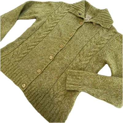 LL Bean Green Cable Speckled Collar Button Wool Blend Cardigan Sweater LARGE - Image 1 of 4