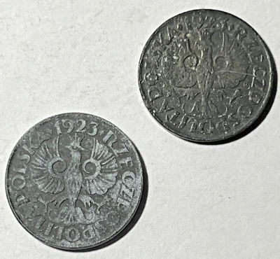 Lot Of 2 1923 Poland 10 Groszy Zinc WW II German Occupation - Image 1 of 2
