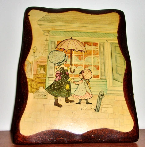 Vintage Wood Wall Plaque - Mother & Daughter /  Woman & Girl Shopping  1960's Cover