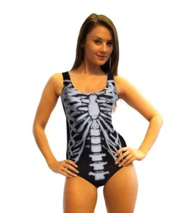 Black & White X-Ray Skeleton Ribcage Bones Swimsuit Bodysuit Top Goth Punk - Picture 1 of 4