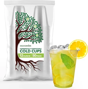 12 Oz Clear Commercially Compostable Cold Cups (50 Pack) Plant Based Eco Party C - Picture 1 of 7