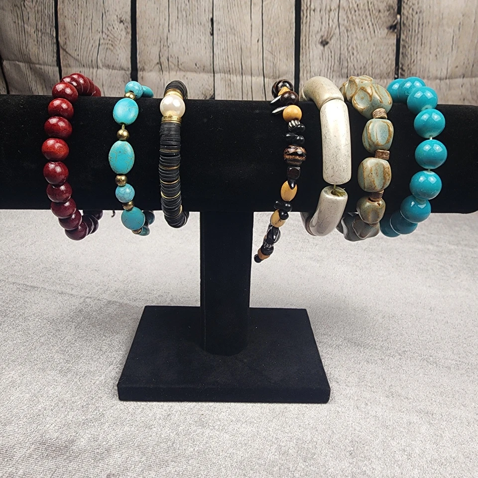 Lote de 7 Pulseras Elásticas Boho Cuentas - Cerámica, Madera, Latón, Azul Turquesa Be Foto 1 de 4