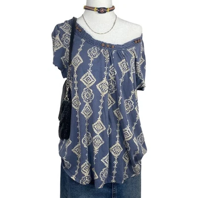 Boho Peasant Top Womens XL Sonoma Blue White Print Off Shoulder Festival - Image 1 of 4