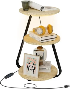 Oak LED Side Table Set – 3-Tier Bedside Coffee Tables with Storage - Picture 1 of 12