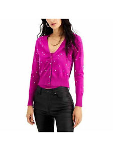 INC Womens Pink Embellished Faux Pearl Button Down Long Sleeve V Neck Cardigan L