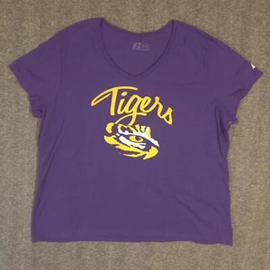 Russell LSU Tiger Graphic Tshirt Womens 3XL SS Pullover V-Neck Cotton Purple - Picture 1 of 9
