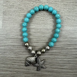 Turquoise Boho Starfish Shell Charm Bracelet - 6.5 Inch - Stretchy - BRAND NEW - Picture 1 of 3