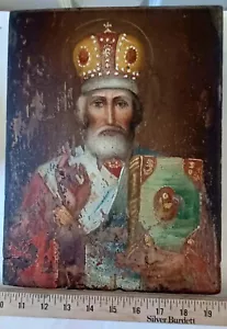 Antique Hand Painted St Nicolas Russian Icon On Wood Panel - Picture 1 of 10
