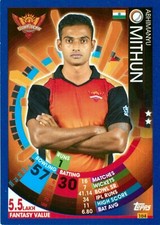 ✺New✺ 2017 2018 SUNRISERS HYDERABAD IPL Cricket Card ABHIMANYU MITHUN Attax
