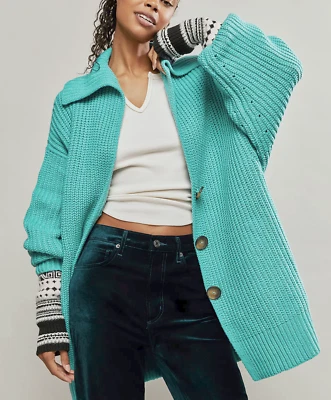 NEW FREE PEOPLE TURQUOISE SWIM TOO DEEP OVERSIZED CARDI CARDIGAN SWEATER SZ L - Image 1 of 4