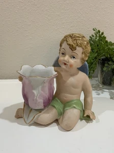 Jarrón estatuilla floral querubín vintage años 40 UGAGCO CHINA pintado a mano JAPÓN acento dorado - Imagen 1 de 8