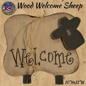 Welcome Sheep Wood 11&quot;W Primitive Country Folk Art Hanging Wall Plaque - Picture 1 of 2