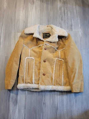 Vintage 70s Suede Sherpa Jacket Rancher Coat Sears Leather Shop Heavy Chore 44R - Image 1 of 4
