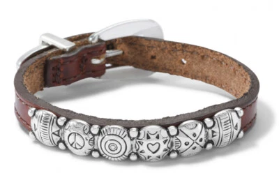 Brighton Silver Brown Leather Harmony Bandit Buckle Boho Conchos Bracelet New - Image 1 of 4