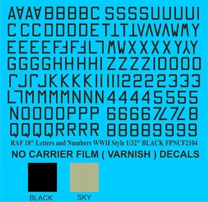 RAF 18" LETRAS NÚMEROS tobogán acuático transferencias calcomanías FPNCF-2104 NEGRO ESCALA 1/32 - Imagen 1 de 3