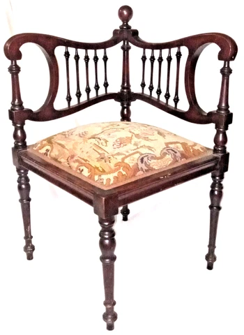 Antique Victorian Floral Needlework Corner Dressing Chair Cover