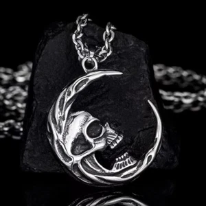Mens Womens Skull Crescent Moon Pendant Necklace Punk Rock Gothic Jewelry 24" - Picture 1 of 4