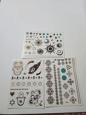 Calavera Celta y Lunar Tatuajes Temporales Oro y Plata 3 Hojas Foto 1 de 4