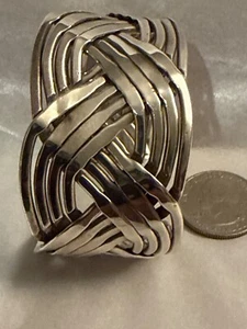 Vntg Mexico TE-5 925 Sterling Silver 72 grams Basket Weave Open Cuff Bracelet - Picture 1 of 11