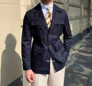 Herren Retro Safari Jacke Taschen Jagd Mantel Slim Fit Tops Business Anzug Britisch - Bild 1 von 18