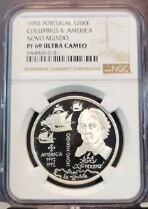 1992 PORTUGAL SILVER 200 ESCUDOS COLUMBUS & THE NEW WORLD NGC PF 69 ULTRA CAMEO - Picture 1 of 3