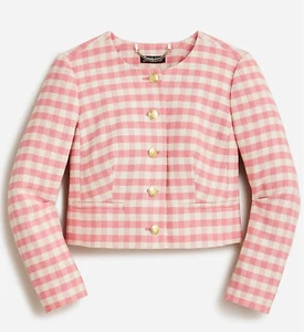 J Crew Louisa Lady Jacket in Pink Gingham Terry Tweed w/ Gold Buttons Size 8 - Picture 1 of 11