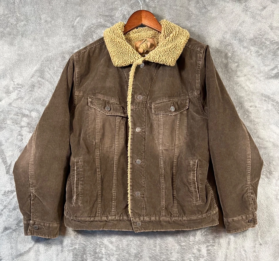 Jaqueta caminhoneiro jeans vintage marinha velha veludo masculina grande forrada Sherpa marrom Y2K - Imagem 1 de 4
