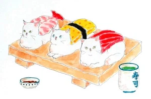 Original ACEO Sushi Cats Ink Line Art Medium Marker on Paper Signed By Artist - Picture 1 of 1
