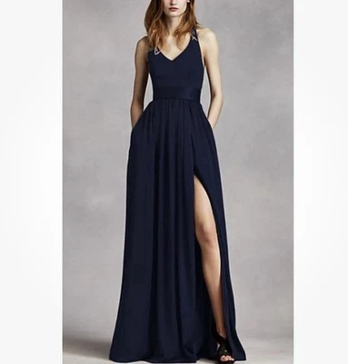 White By VERA WANG Navy Blue Formal Dress Gown Halter Full Length Bridesmaid - Image 1 of 4