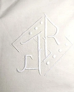 Drap ancien en lin damassé brodé monogramas JR blanc - linge de maison vintage - Imagen 1 de 5