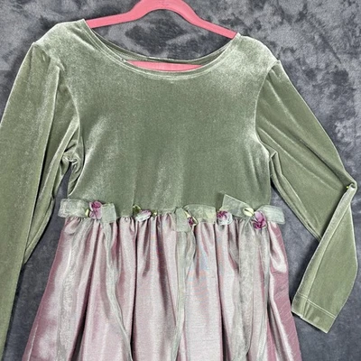 Vestido Bonnie Jean Niñas 7 Verde Terciopelo Rosa Brillante Falda Lazo Floral Vacaciones Foto 1 de 4