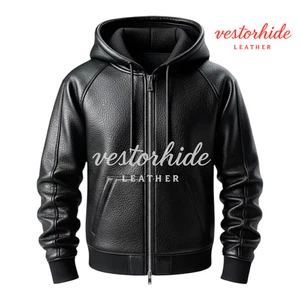 Herren Schwarz Leder Hoodie Echt Lammfell Jacke Slim Fit Pullover Kapuze Top - Bild 1 von 3