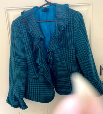 Metrostyle Women's Teal Check Pattern Frail Ruffle Tweed Blazer Coat  12 - Image 1 of 3