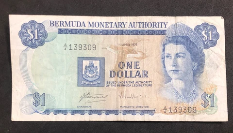 1978 BERMUDA 1 Dollar , P#28B-QEII,Banknote, A/4 139309 Cover
