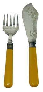 H.F & Co. Silver Plate Master Fish Fork and Knife Set Celluloid Handles 1910 - Picture 1 of 8
