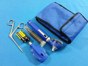 BLUE MINI FIBER OPTIC Otoscope Ophthalmoscope Diagnostic+Alligator forceps KIT - Picture 1 of 3