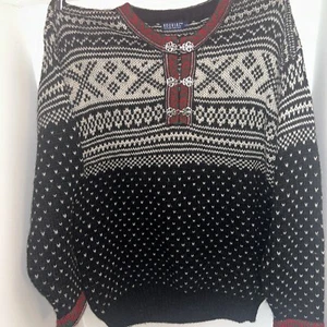 Bouviac Nordic Fair Isle Wollpullover mit Metallverschluss Herren Gr. L schwarz/creme/rot - Bild 1 von 10