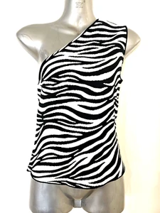 SABA Black white Zebra Print One Shoulder Stretch Knit Top S - Picture 1 of 1