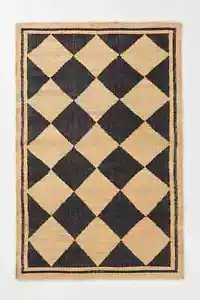 Checked Nomadic Flatweave Cotton Jute Kilim Handwoven Area Rug 5x7 ft Brown Rug - Picture 1 of 7