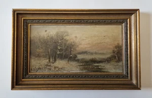 Pintura al óleo impresionista alemana antigua L.Voigt - paisaje de bosque de invierno - Imagen 1 de 9