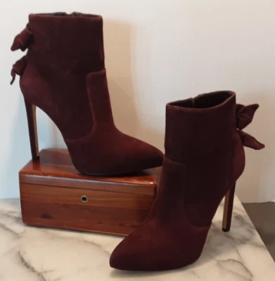 Nine West Wine Color 裸色皮革半靴带高跟鞋拉链蝴蝶结 8.5 码 — 第 1/4 张图片