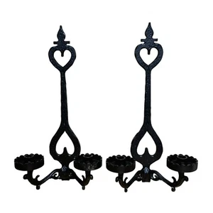 Pair Heavy Iron Spanish Gothic Vintage Wall Sconces Black Double Candle Holder - Picture 1 of 13
