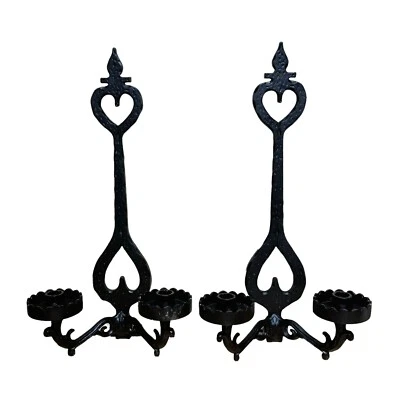 Par de Apliques de Pared Góticos Españoles de Hierro Pesado Negro Doble Candelabro Foto 1 de 4