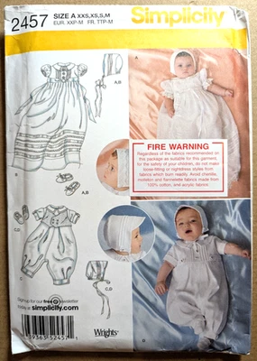 Simplicity 2457 Sz XXS-M Baby Christening Gown Dress Romper Bonnet Shoes Uncut - Image 1 of 3