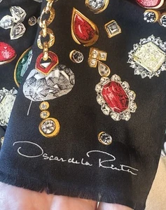 Oscar de la Renta Silk Scarf Black Jewel Gem Print Vintage Designer Wrap 52x11” - Picture 1 of 8