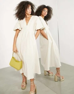 ASOS EDITION pleat waist midi dress with blouson sleeve in cream UK 12 classy - Imagen 1 de 18